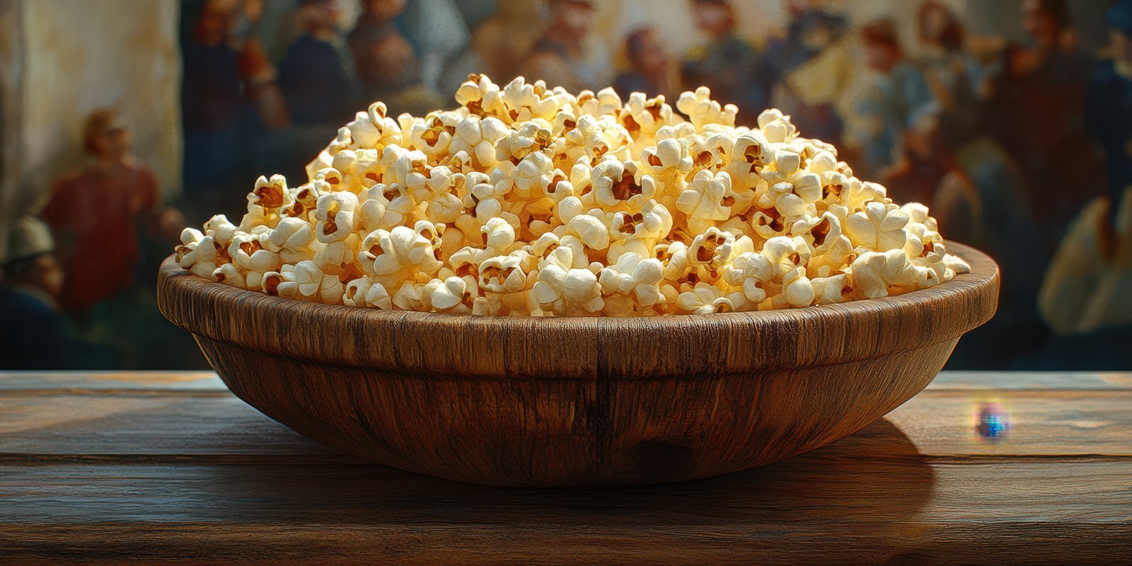 Bowl of freshly popped popcorn against a blurred background of a lively gathering in a cozy setting